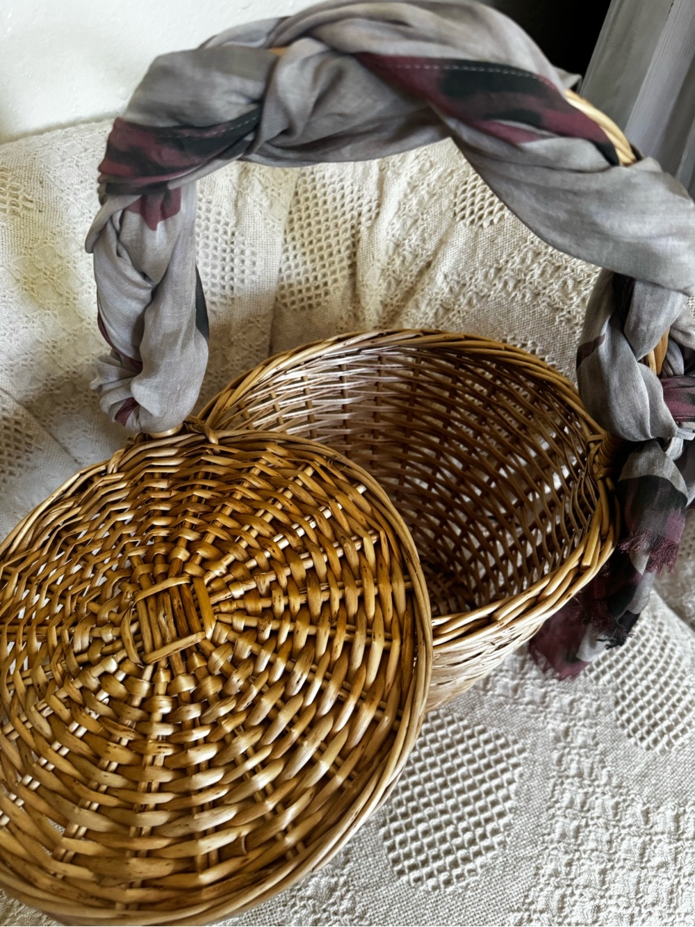Woven Rattan Basket Handbag with Gray and Burgundy Scarf Accent - Picture 2 of 4